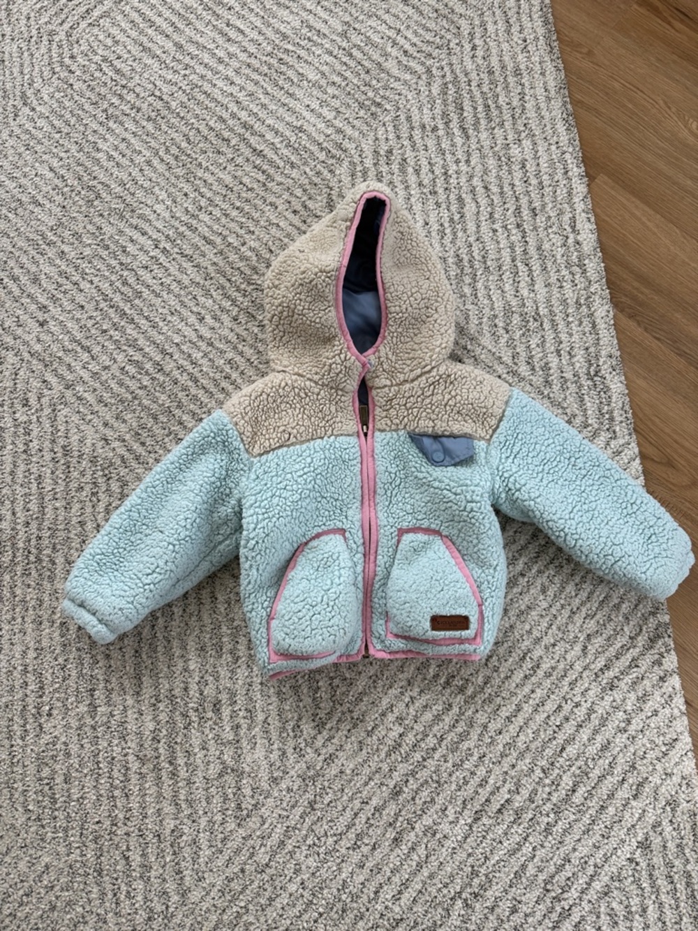 Cozy Sherpa Hooded Jacket in Light Blue & Beige with Pink Trim